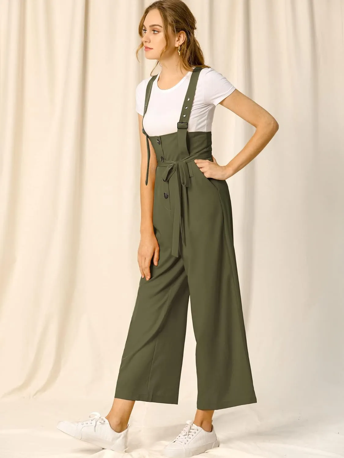 Allegra K Women's Wide Leg Overalls Loose Fit Belted High Waist Suspenders Jumpsuits