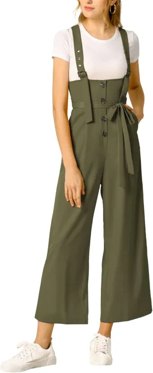Allegra K Women's Wide Leg Overalls Loose Fit Belted High Waist Suspenders Jumpsuits