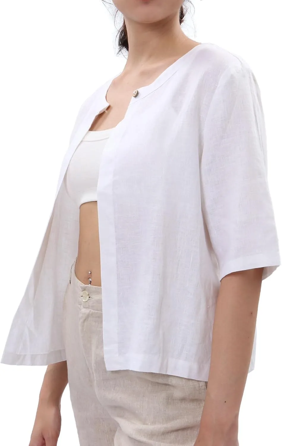 Amazhiyu Women Pure Linen Open Front Cropped Cardigan Elbow Sleeve Summer Jacket