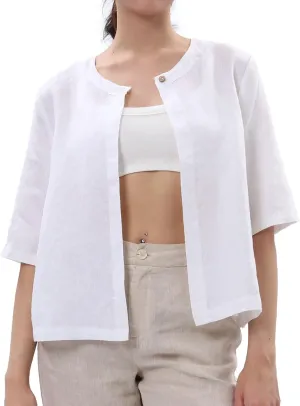 Amazhiyu Women Pure Linen Open Front Cropped Cardigan Elbow Sleeve Summer Jacket