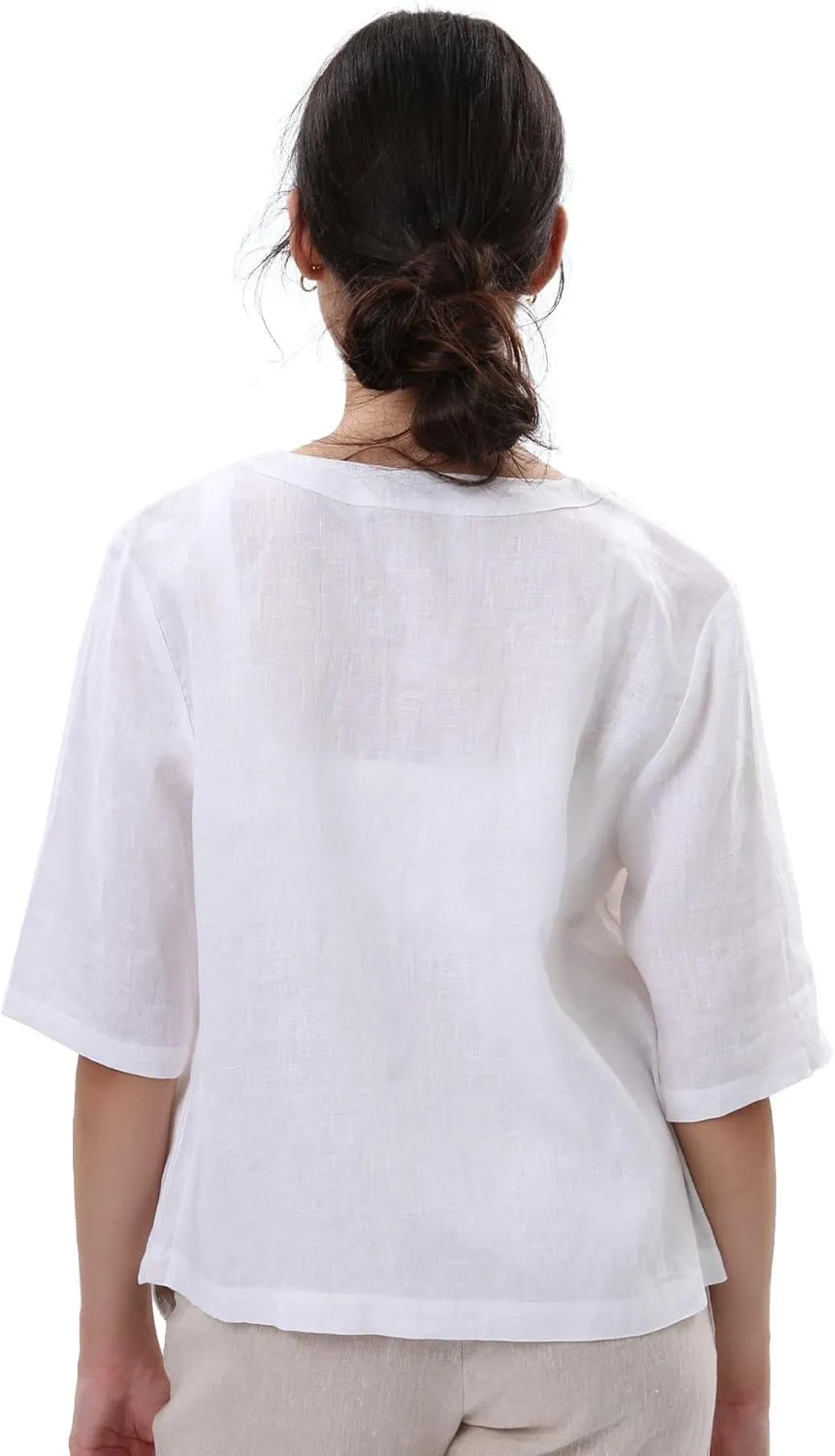 Amazhiyu Women Pure Linen Open Front Cropped Cardigan Elbow Sleeve Summer Jacket