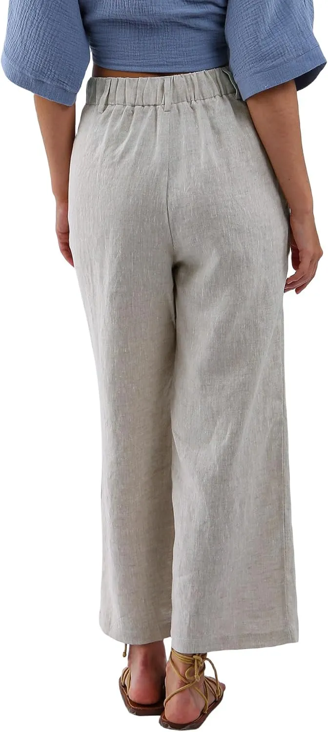 Amazhiyu Women's 100% Linen Summer High-Waisted Wide Leg Pants with Pockets