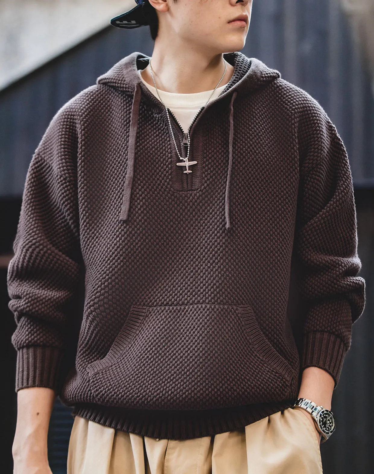 American Casual Half-Zipper Pineapple Hooded Pullover Men's Sweater