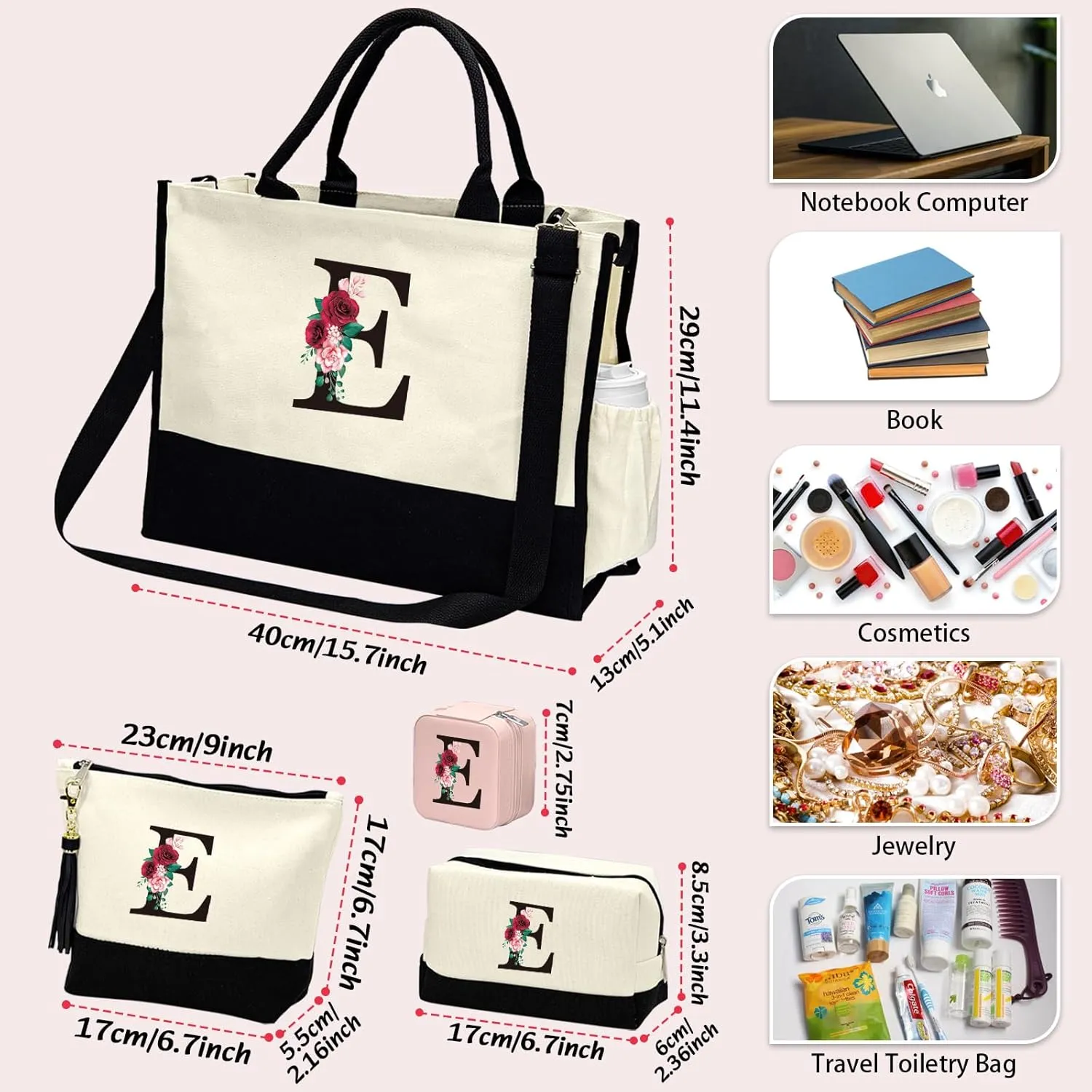 AMGKNOB Birthday Gifts for Women: Initial Canvas Tote Bag & 2 Makeup Bags for Mom, Initial Jewelry Travel Case