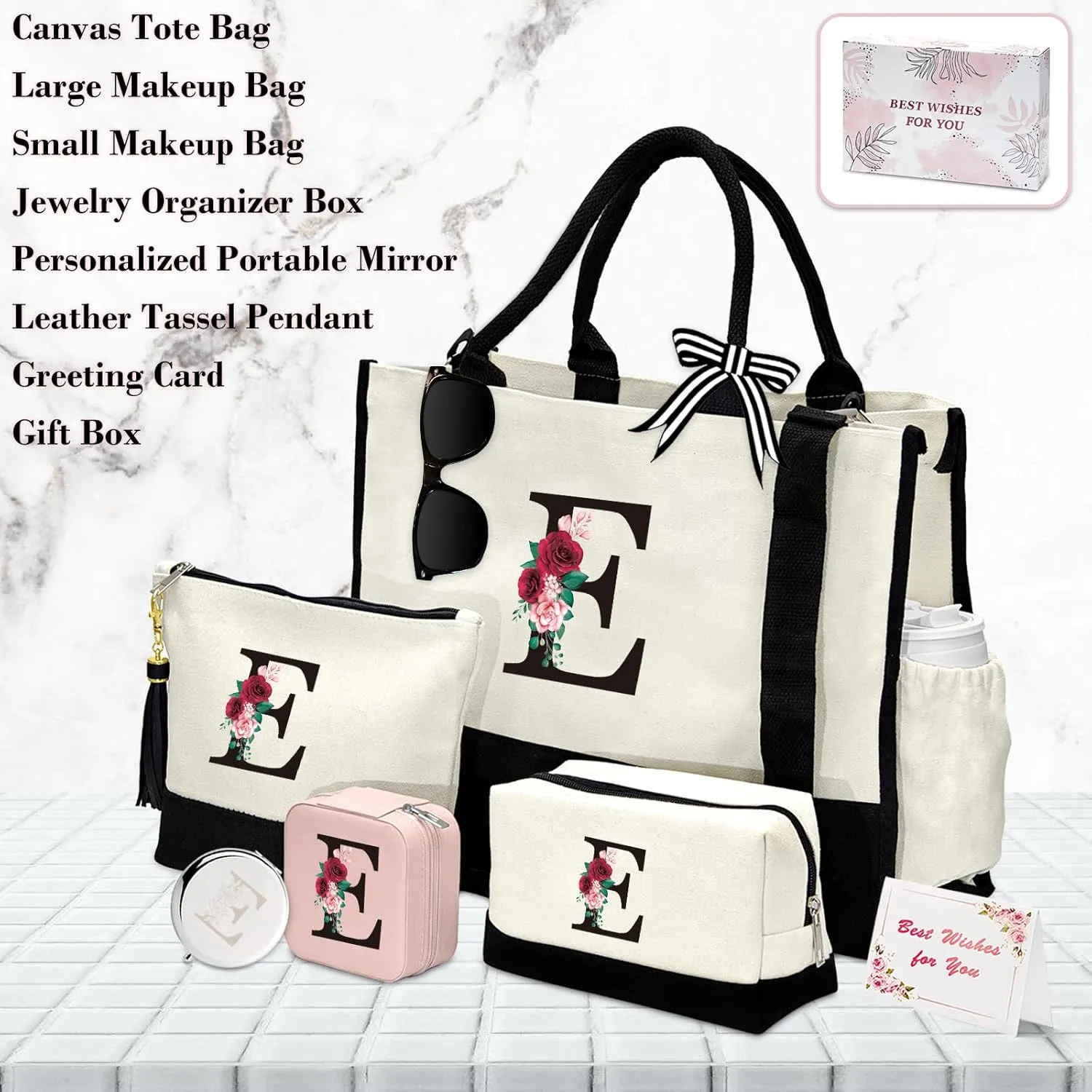 AMGKNOB Birthday Gifts for Women: Initial Canvas Tote Bag & 2 Makeup Bags for Mom, Initial Jewelry Travel Case