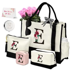 AMGKNOB Birthday Gifts for Women: Initial Canvas Tote Bag & 2 Makeup Bags for Mom, Initial Jewelry Travel Case