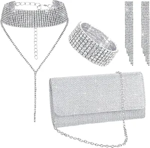 ANUFER Women's Silver Rhinestones 4 Pieces Jewelry and Clutch Purse Set for Wedding Prom Evening Party