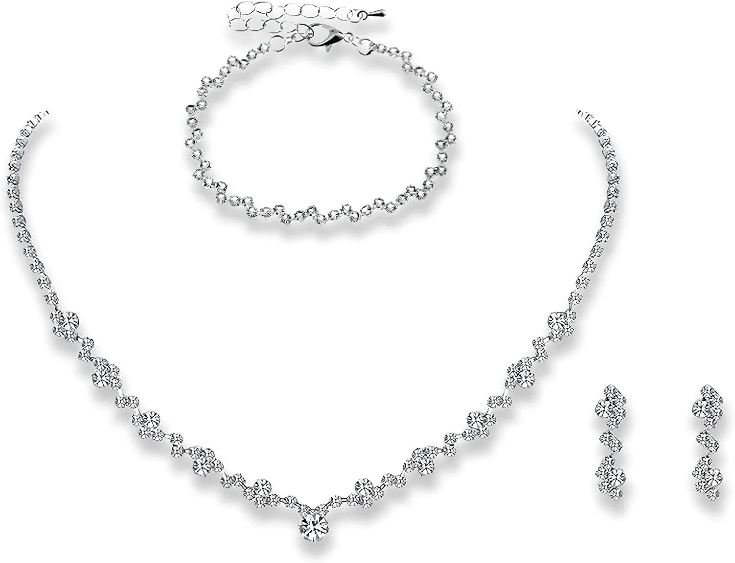 ANUFER Women's Silver Rhinestones 4 Pieces Jewelry and Clutch Purse Set for Wedding Prom Evening Party