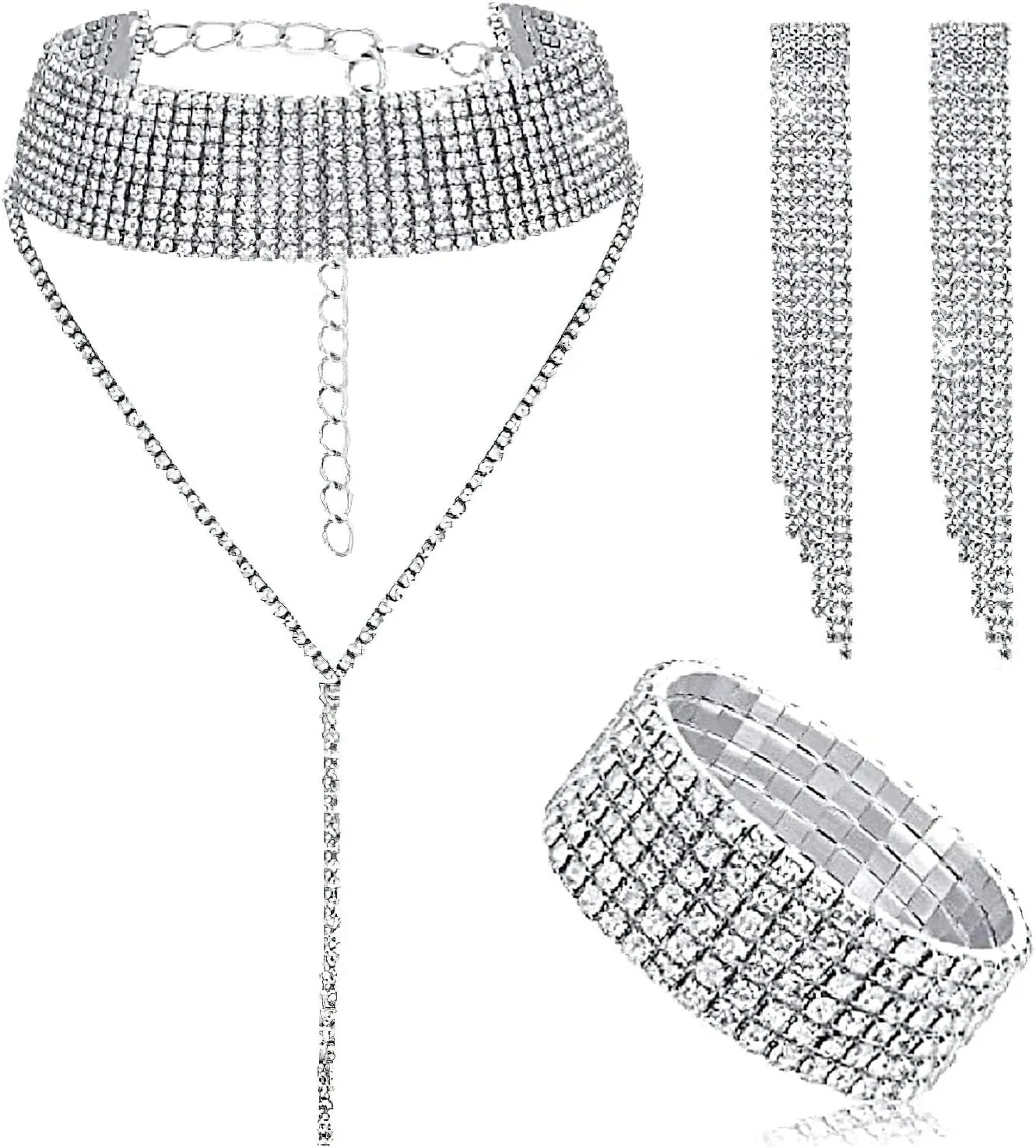 ANUFER Women's Silver Rhinestones 4 Pieces Jewelry and Clutch Purse Set for Wedding Prom Evening Party
