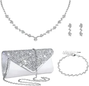 ANUFER Women's Silver Rhinestones 4 Pieces Jewelry and Clutch Purse Set for Wedding Prom Evening Party