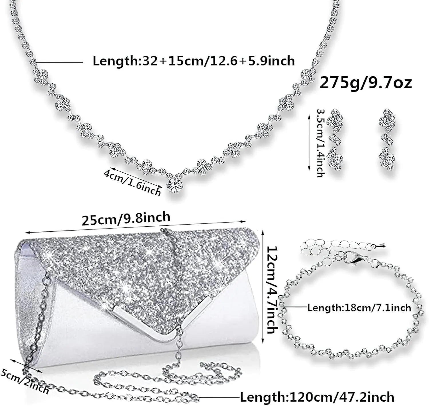 ANUFER Women's Silver Rhinestones 4 Pieces Jewelry and Clutch Purse Set for Wedding Prom Evening Party