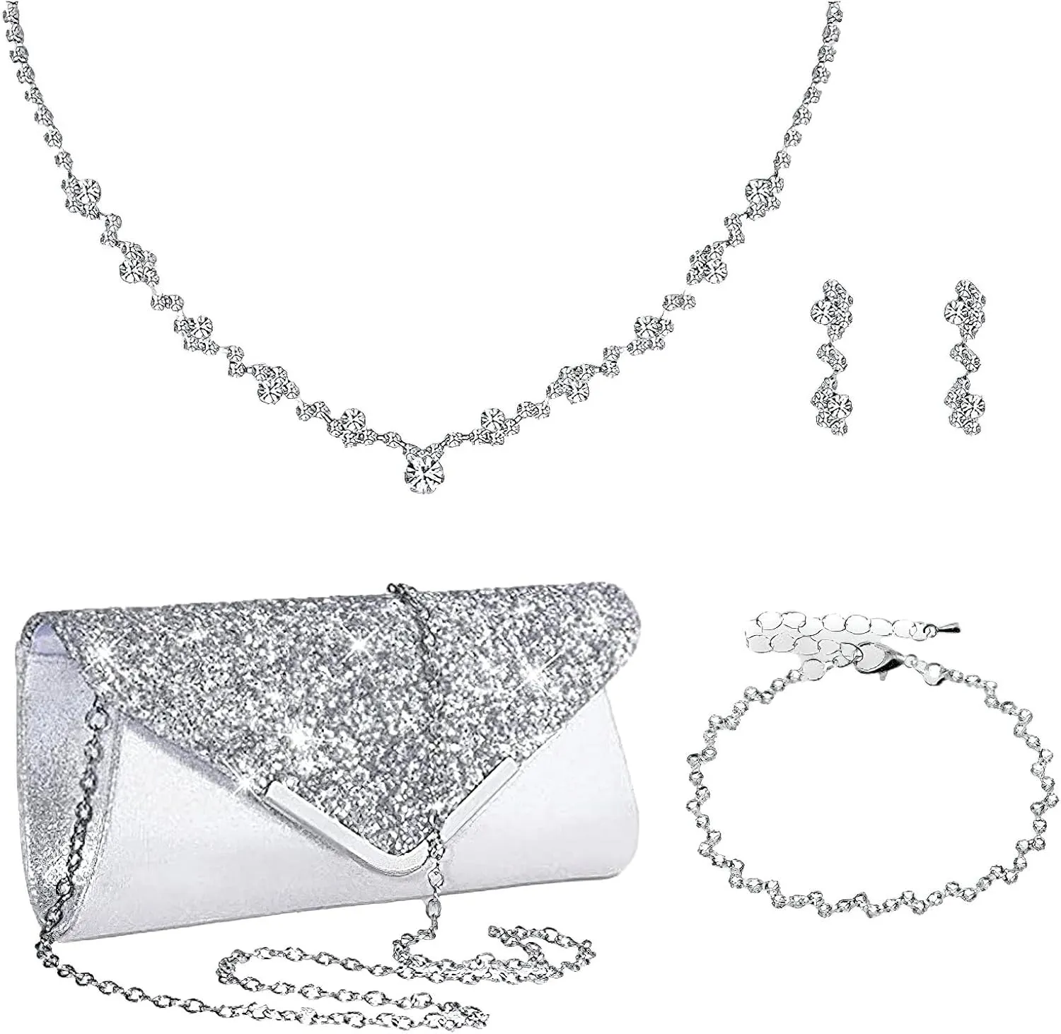 ANUFER Women's Silver Rhinestones 4 Pieces Jewelry and Clutch Purse Set for Wedding Prom Evening Party