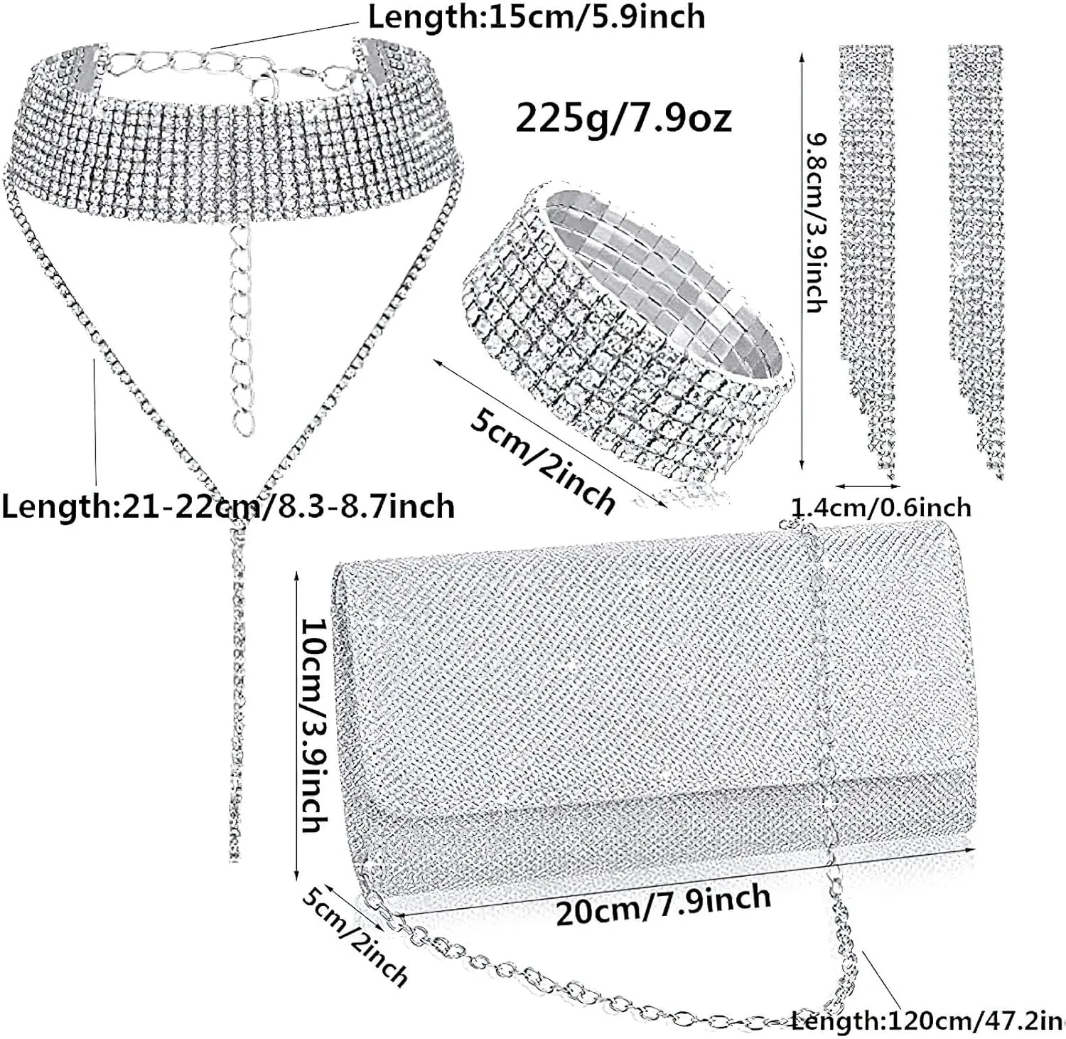 ANUFER Women's Silver Rhinestones 4 Pieces Jewelry and Clutch Purse Set for Wedding Prom Evening Party