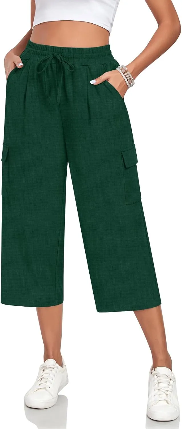 Anyhold Womens 3/4 Pants Loose Fit High Waisted Wide Leg Lounge Pants Drawstring Casual Trousers with 4 Pockets