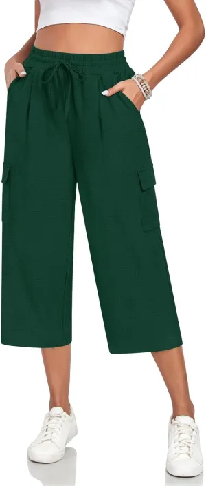 Anyhold Womens 3/4 Pants Loose Fit High Waisted Wide Leg Lounge Pants Drawstring Casual Trousers with 4 Pockets
