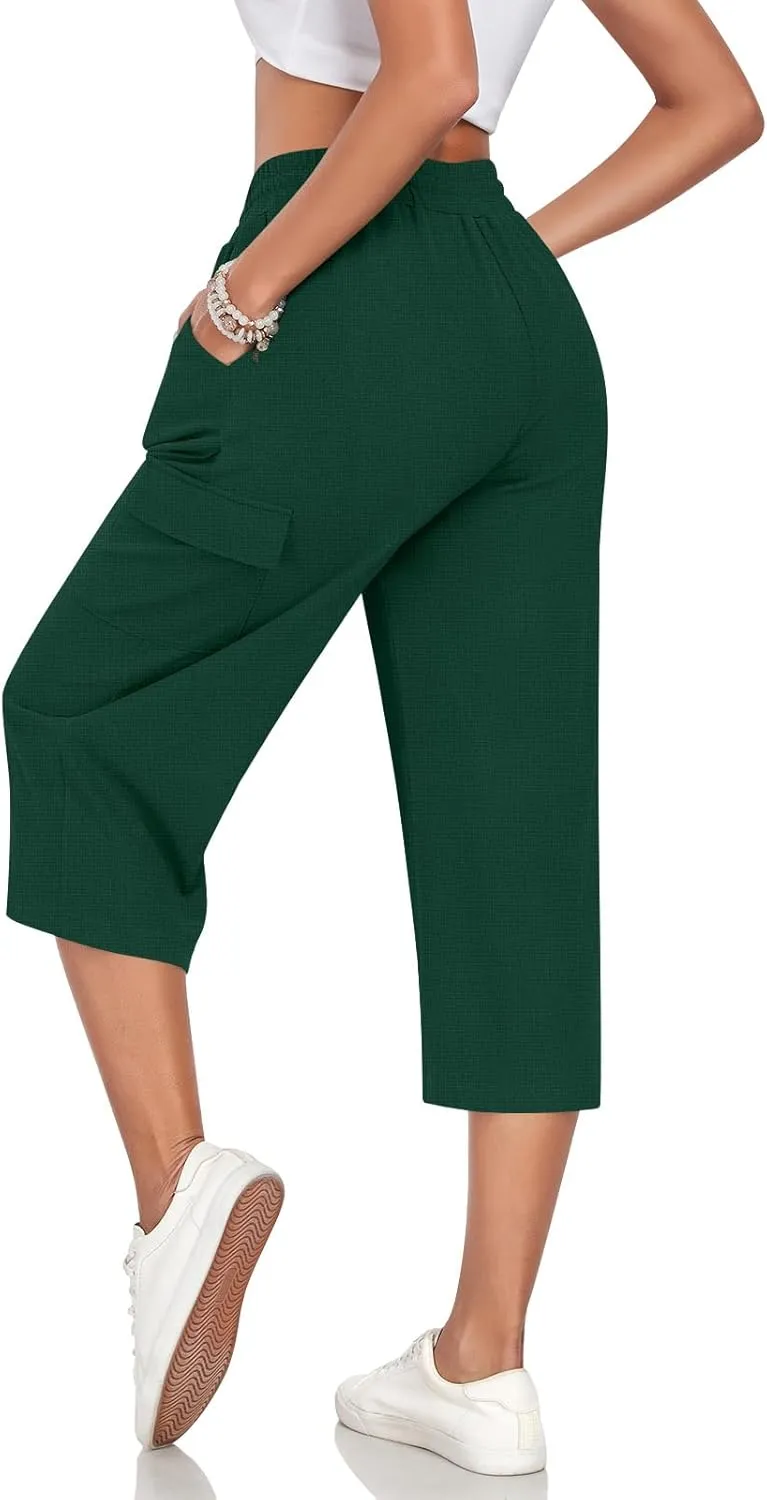 Anyhold Womens 3/4 Pants Loose Fit High Waisted Wide Leg Lounge Pants Drawstring Casual Trousers with 4 Pockets