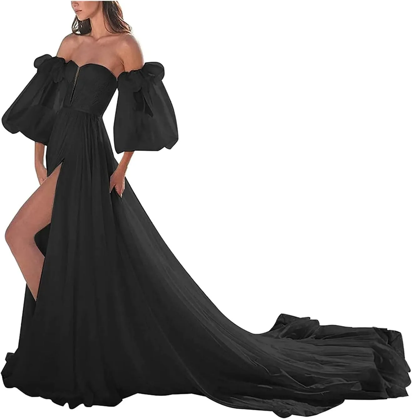 ANYSWBKN Prom Dress for Women Puffy Sleeve Long Slit Elegant Formal Evening Princess Gown