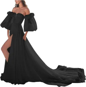 ANYSWBKN Prom Dress for Women Puffy Sleeve Long Slit Elegant Formal Evening Princess Gown