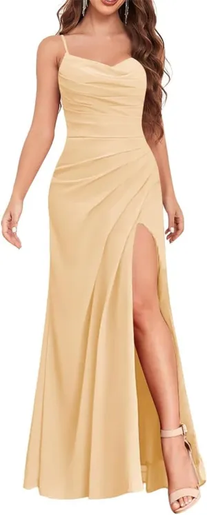 ANYSWBKN Spaghetti Straps Bridesmaid Dresses for Wedding Chiffon Formal Evening Party Prom Maxi Gown with Pockets A200
