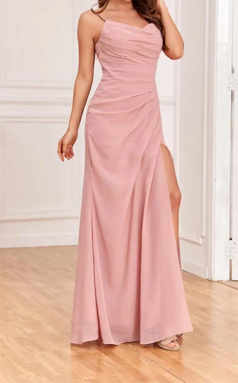 ANYSWBKN Spaghetti Straps Bridesmaid Dresses for Wedding Chiffon Formal Evening Party Prom Maxi Gown with Pockets A200