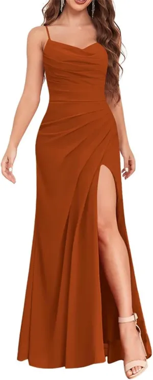 ANYSWBKN Spaghetti Straps Bridesmaid Dresses for Wedding Chiffon Formal Evening Party Prom Maxi Gown with Pockets A200