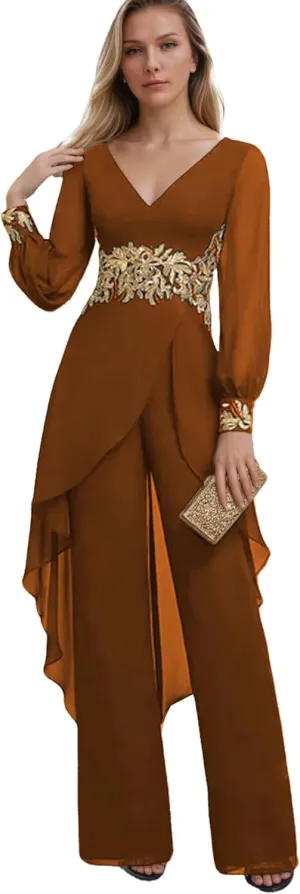 Applique Mother of The Bride Pant Suits V Neck Long Sleeve Grandmother of The Groom Jumpsuit
