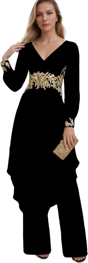 Applique Mother of The Bride Pant Suits V Neck Long Sleeve Grandmother of The Groom Jumpsuit