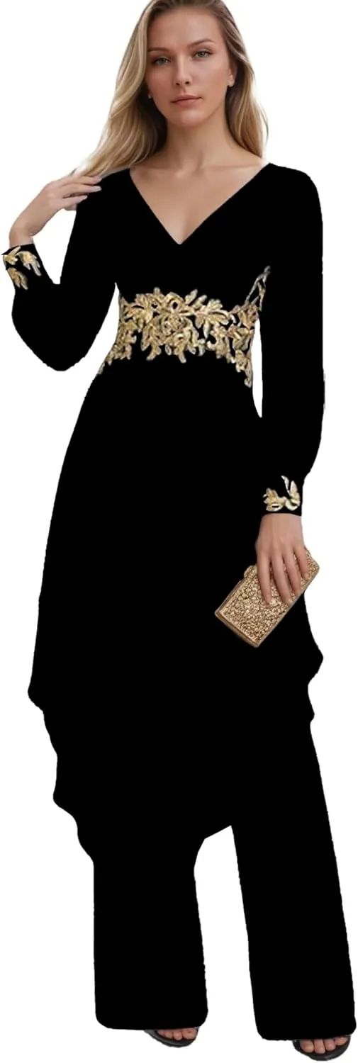 Applique Mother of The Bride Pant Suits V Neck Long Sleeve Grandmother of The Groom Jumpsuit