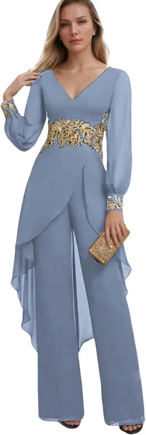 Applique Mother of The Bride Pant Suits V Neck Long Sleeve Grandmother of The Groom Jumpsuit