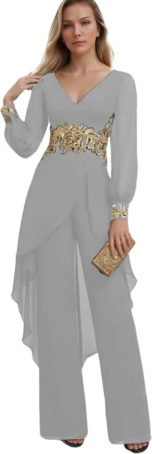 Applique Mother of The Bride Pant Suits V Neck Long Sleeve Grandmother of The Groom Jumpsuit