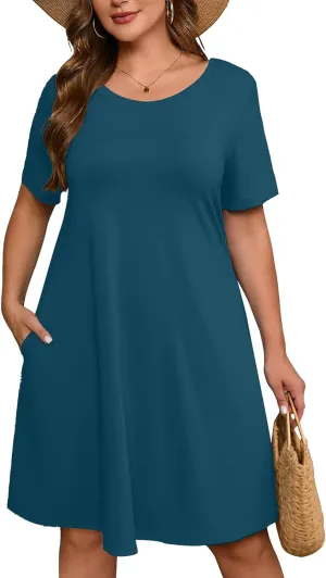 AusLook Plus Size Women's Summer Short Sleeves Crew Neck Midi Dresses Casual Loose Fitting Tank Sundress with Pockets