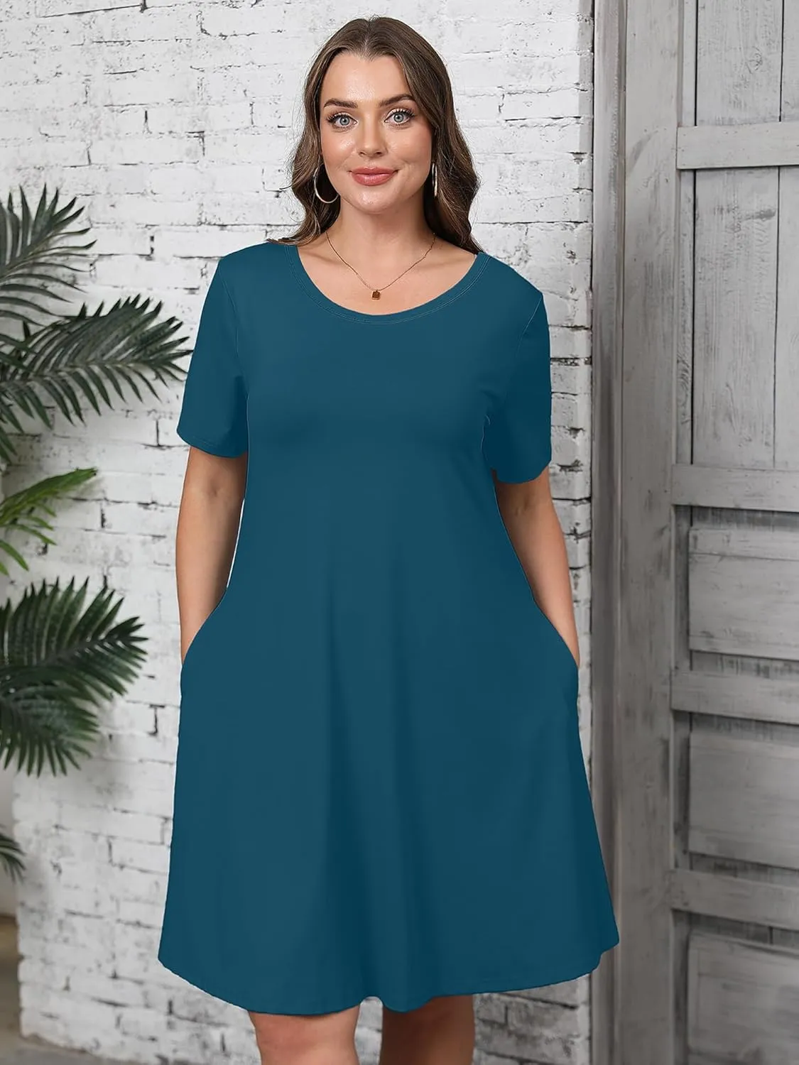 AusLook Plus Size Women's Summer Short Sleeves Crew Neck Midi Dresses Casual Loose Fitting Tank Sundress with Pockets