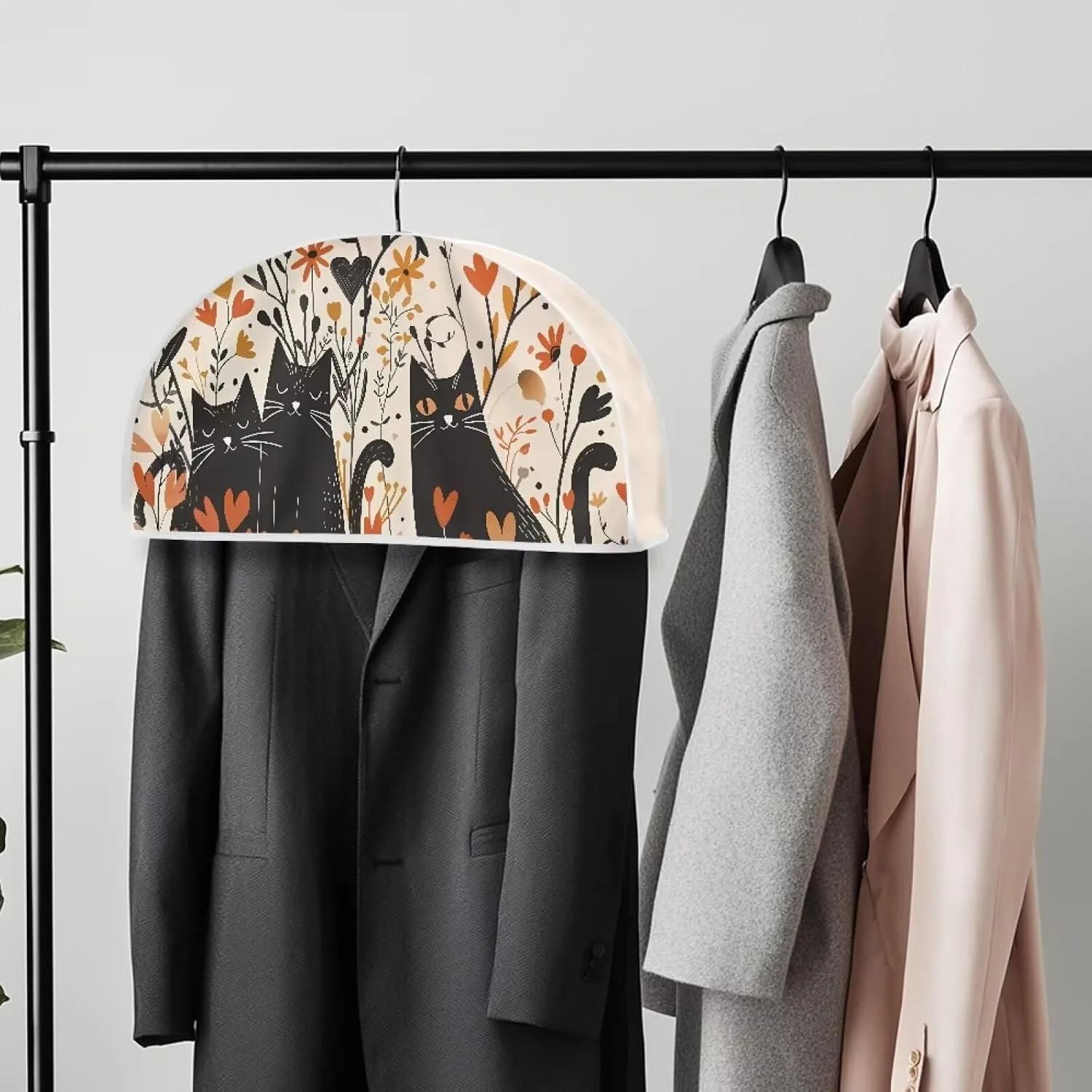Babrukda Semicircle Clothes Garment Rack Cover for Closet Floral Cartoon Cat Print Clothes Protectors for Hanging Clothes, Garment Bags for Dress, Suit, Coat, Shirts, Hanger Not Included
