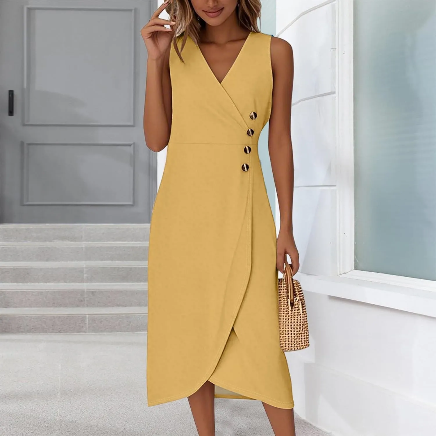 BAXLIMEK Beach Dresses for Women,2025 Summer Trendy Floral Print Boho Vacation Dress,Elegant V Neck Tank Slit Hem Midi Dress
