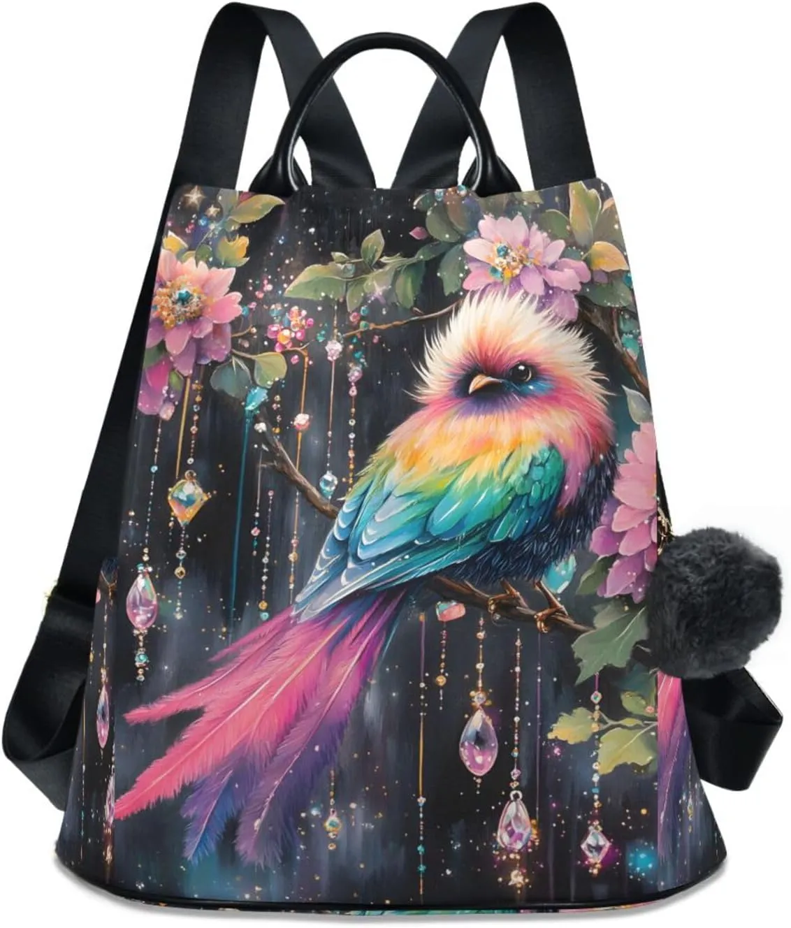 Bird Pink Flower Jewelry Backpack for Women Anti Theft Large Fashion Travel Shoulder Bag Purse Rucksack Lightweight