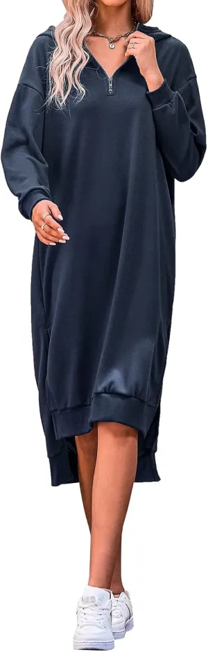 BIUBIU Women's Long Sleeve Zipper V Neck Oversized Hoodie Dress Split Casual Midi Dresses