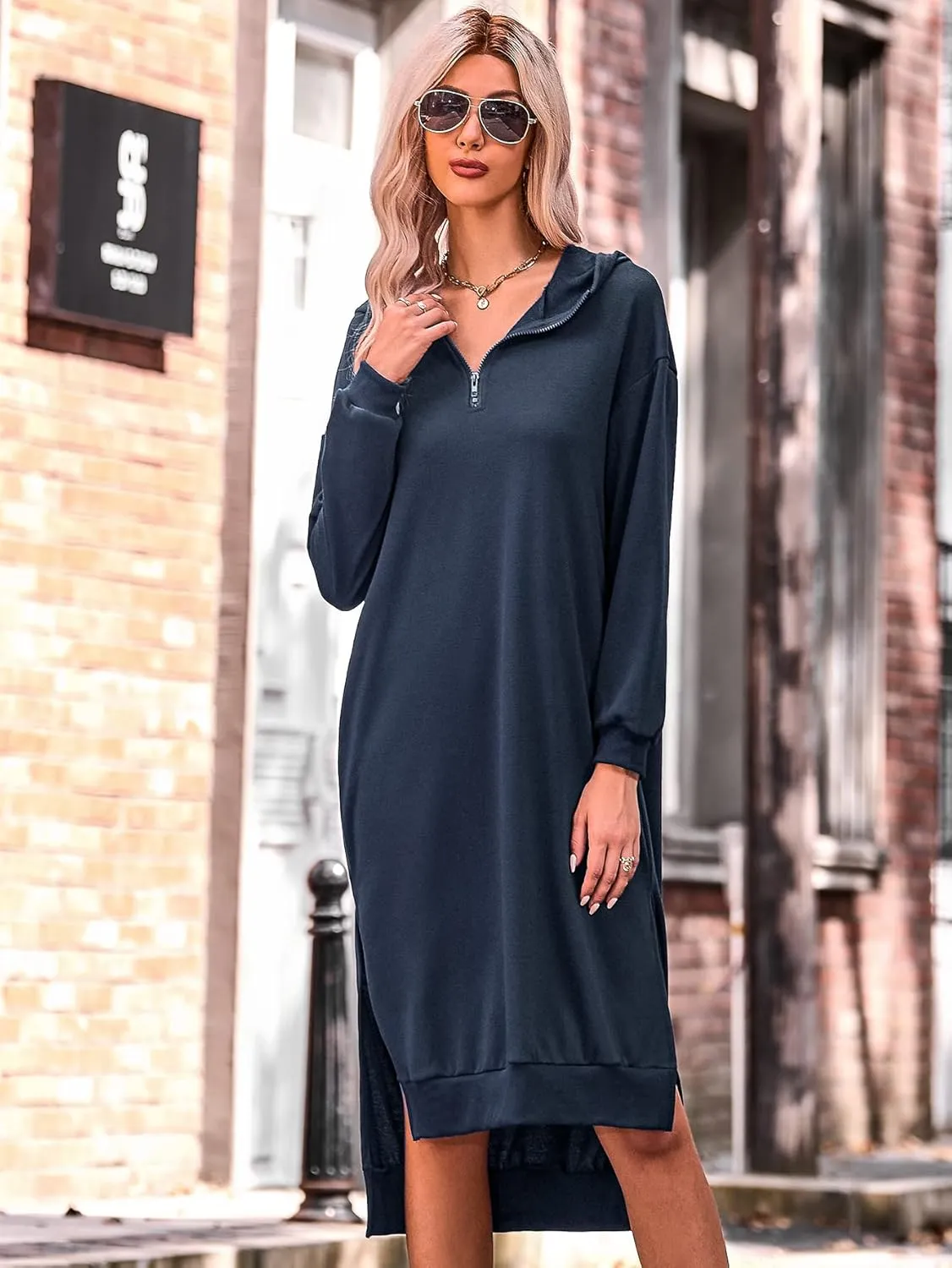 BIUBIU Women's Long Sleeve Zipper V Neck Oversized Hoodie Dress Split Casual Midi Dresses