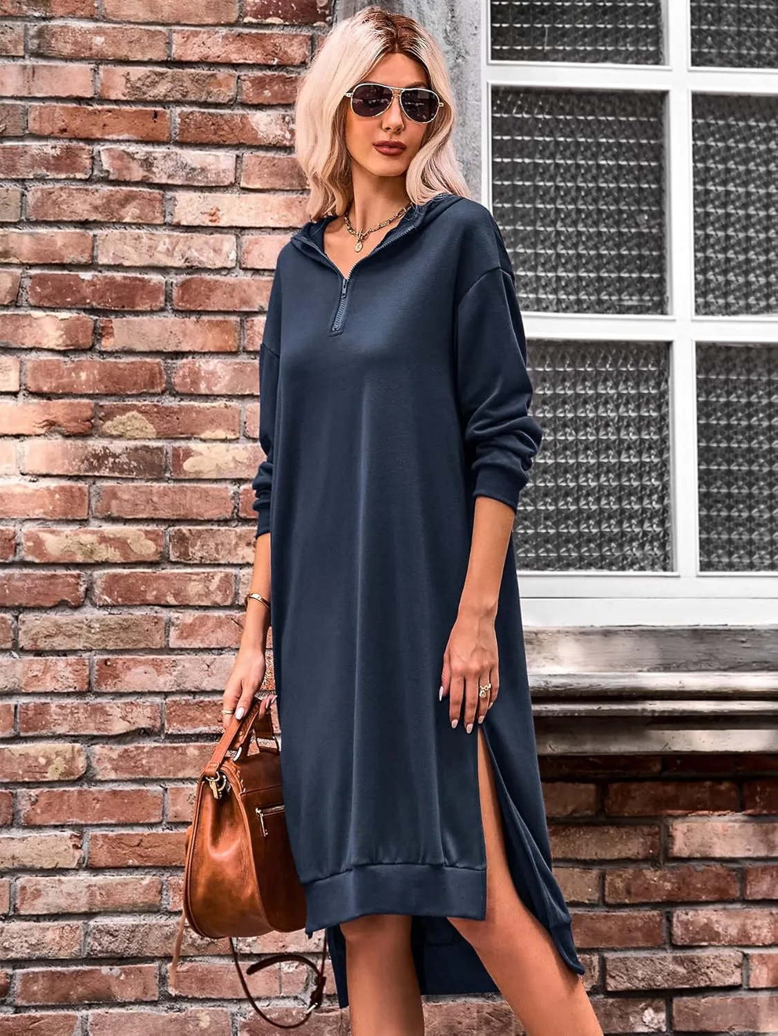 BIUBIU Women's Long Sleeve Zipper V Neck Oversized Hoodie Dress Split Casual Midi Dresses