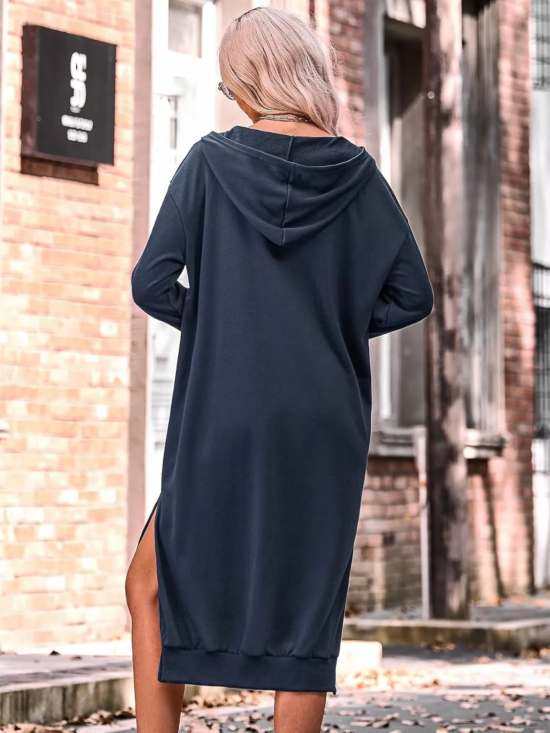 BIUBIU Women's Long Sleeve Zipper V Neck Oversized Hoodie Dress Split Casual Midi Dresses