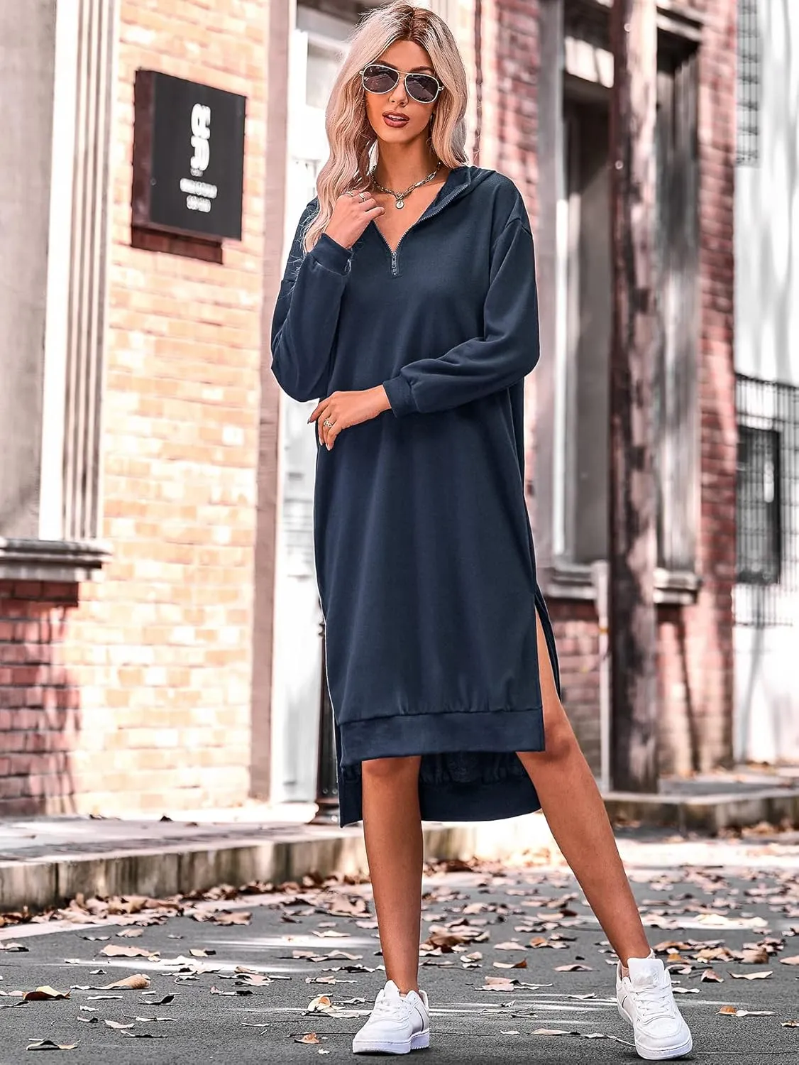 BIUBIU Women's Long Sleeve Zipper V Neck Oversized Hoodie Dress Split Casual Midi Dresses