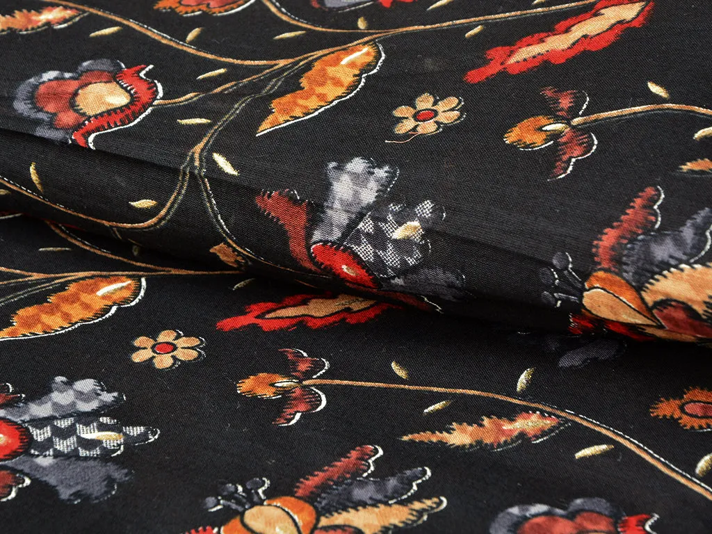 Black Floral  Pure Mul Mul Cotton Fabric