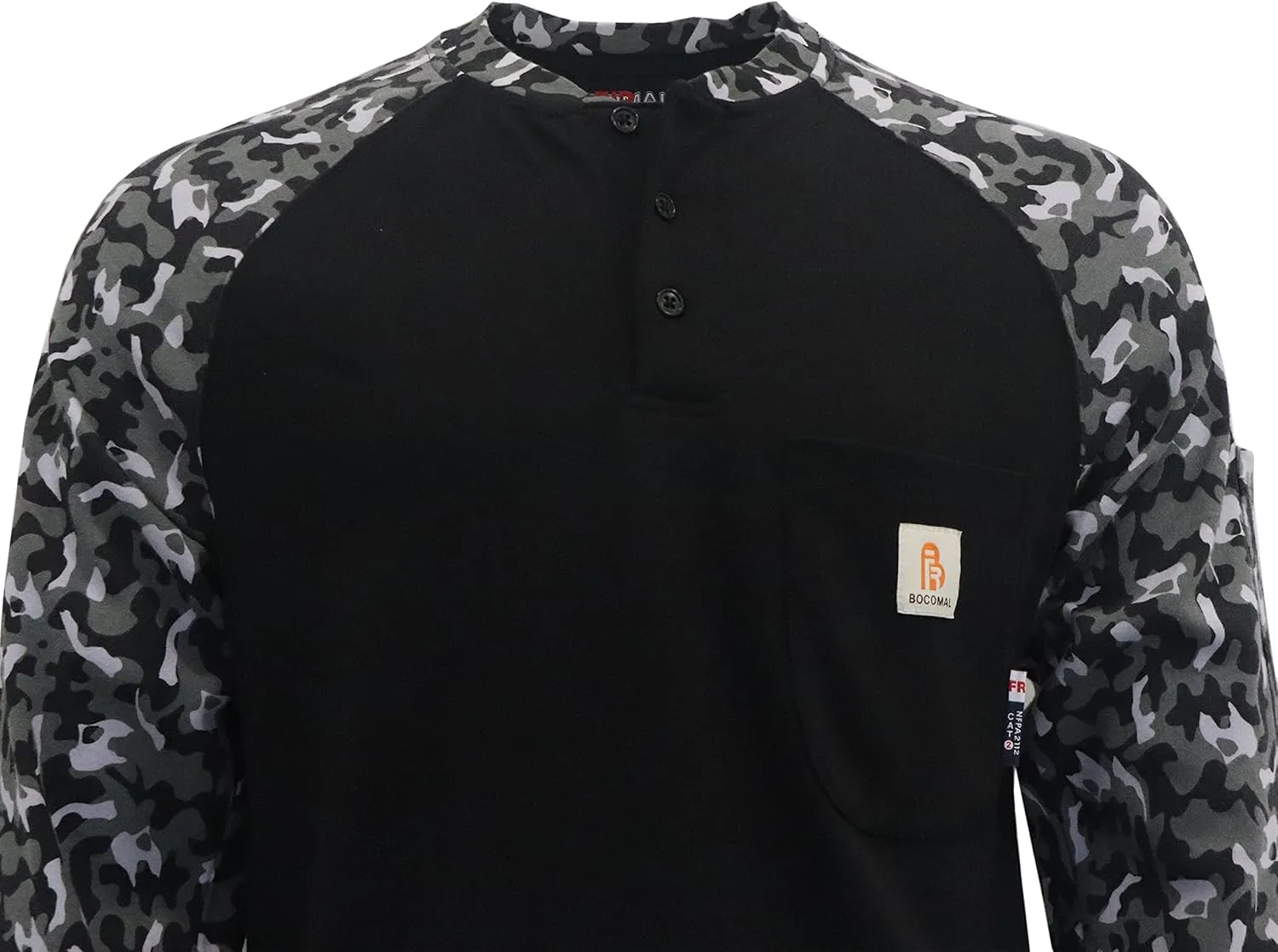 BOCOMAL FR Shirts Flame Resistant Henley Printed and Camo Two Tone 7oz Men's Fire Retardant Work Shirts