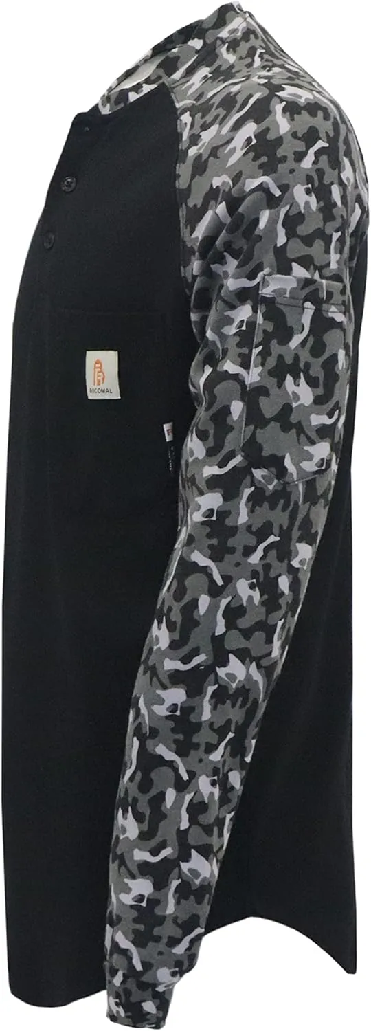 BOCOMAL FR Shirts Flame Resistant Henley Printed and Camo Two Tone 7oz Men's Fire Retardant Work Shirts