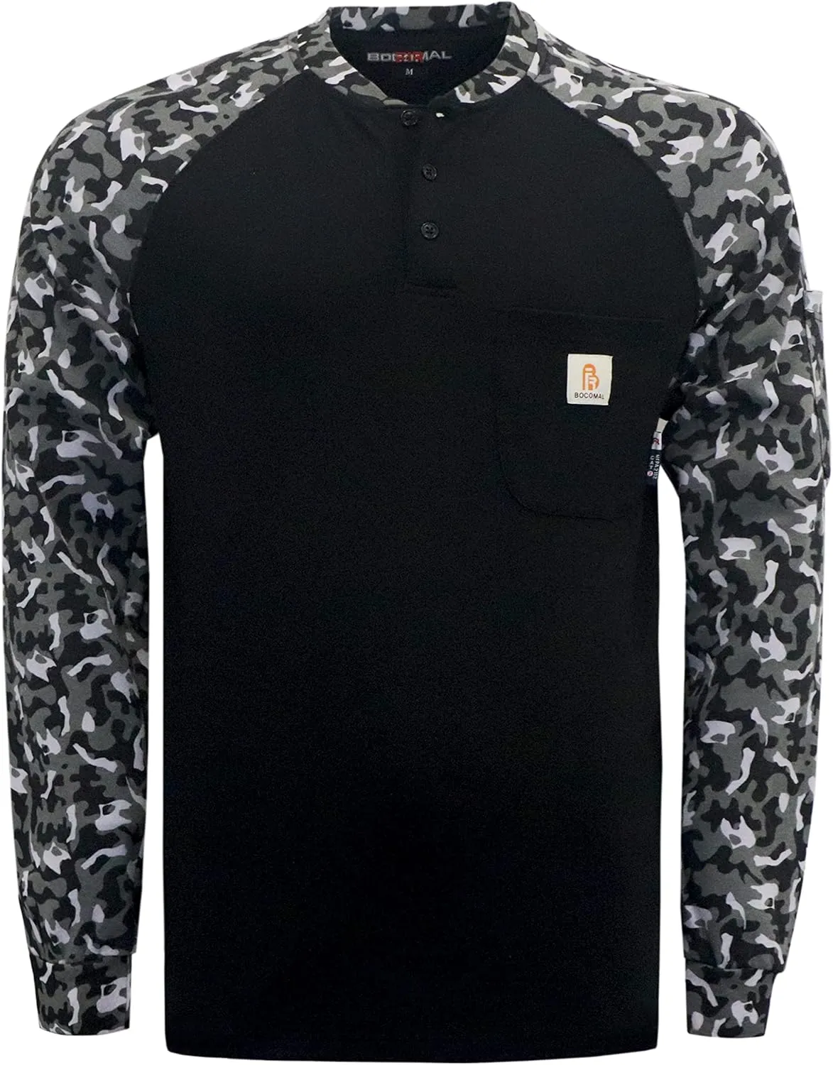 BOCOMAL FR Shirts Flame Resistant Henley Printed and Camo Two Tone 7oz Men's Fire Retardant Work Shirts