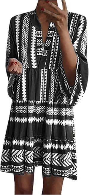Boho Dresses for Women,2024 Summer Trendy Floral Print Beach Dress,Casual Loose V Neck 3/4 Sleeve Mini Vacation Dress