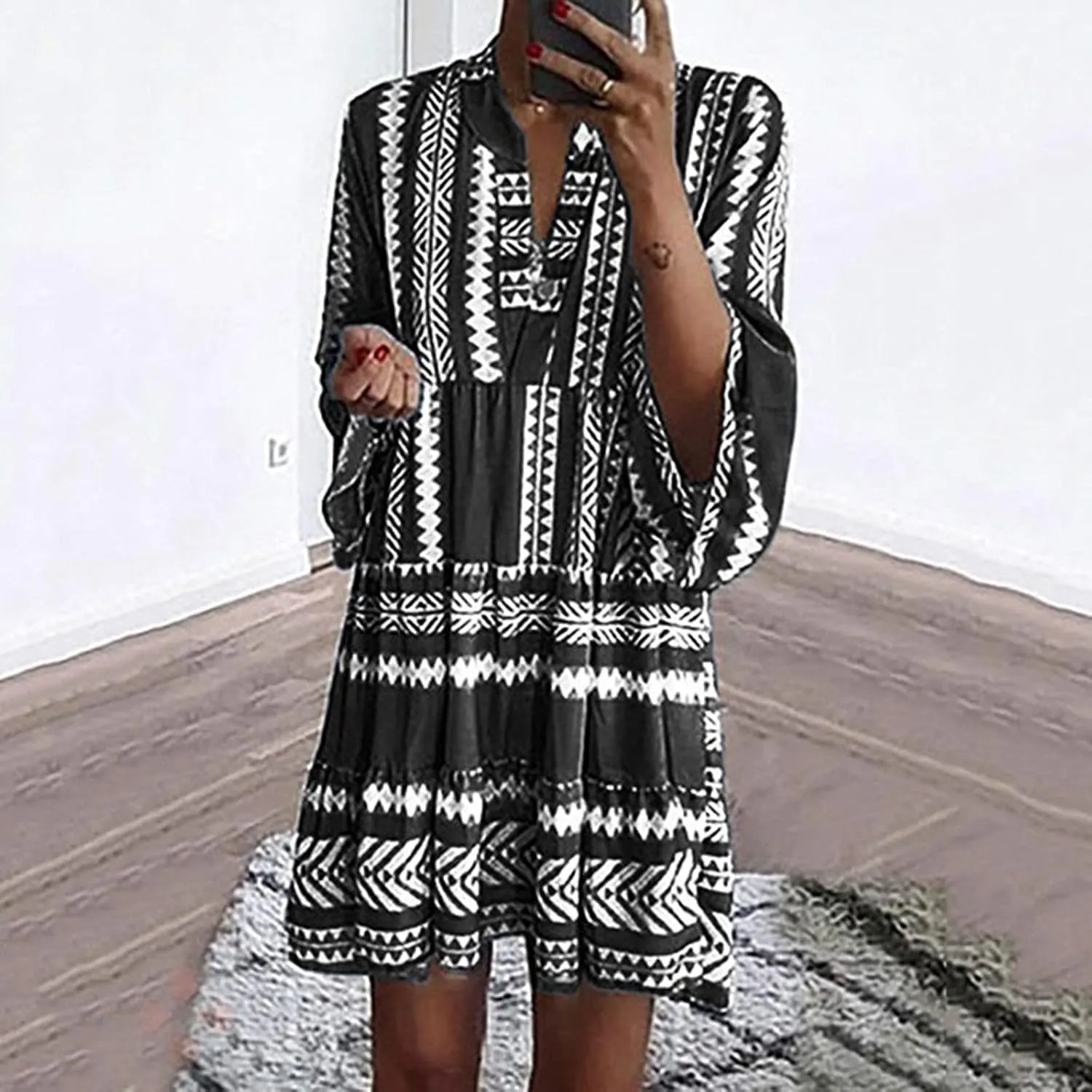 Boho Dresses for Women,2024 Summer Trendy Floral Print Beach Dress,Casual Loose V Neck 3/4 Sleeve Mini Vacation Dress