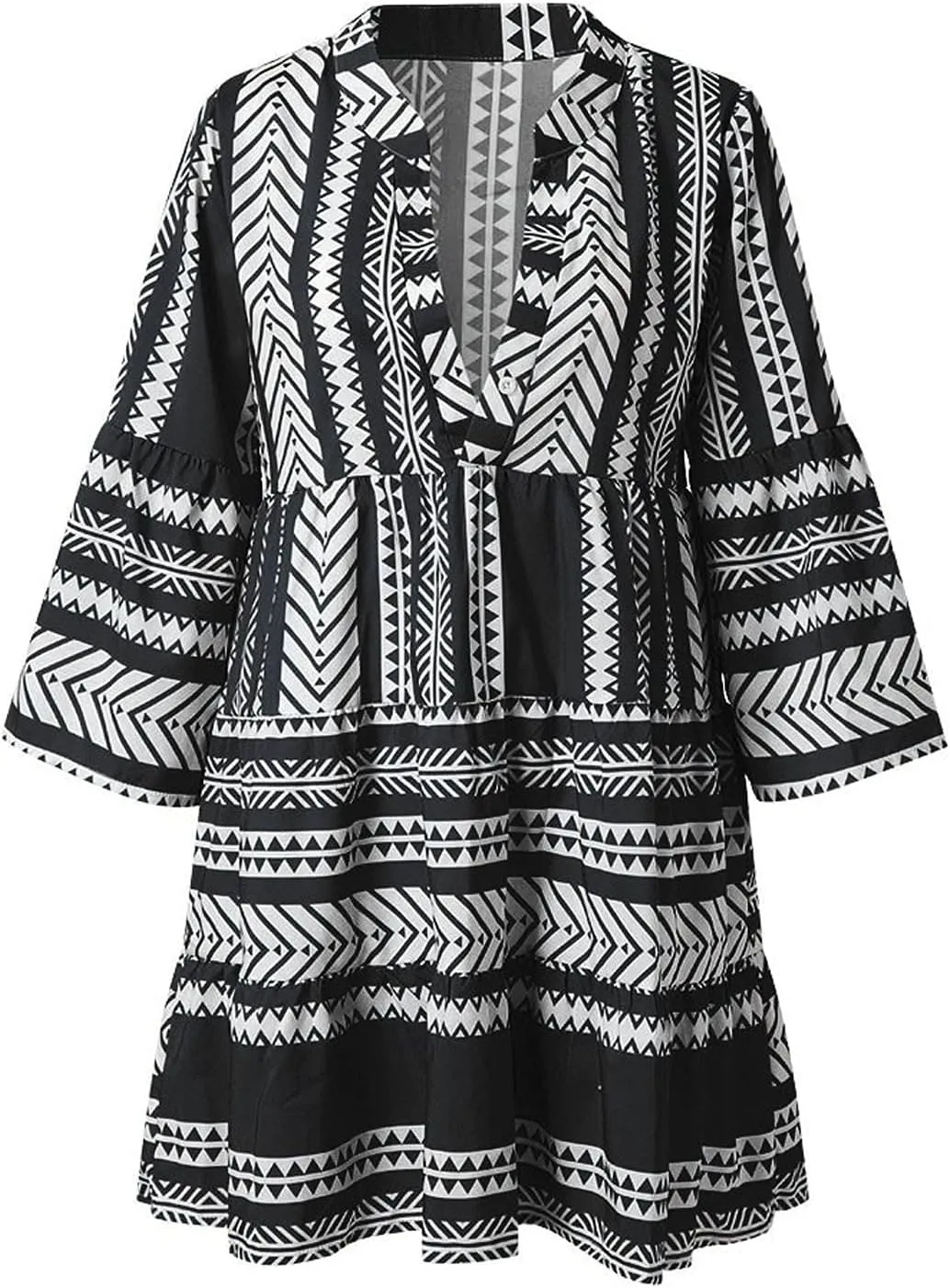 Boho Dresses for Women,2024 Summer Trendy Floral Print Beach Dress,Casual Loose V Neck 3/4 Sleeve Mini Vacation Dress