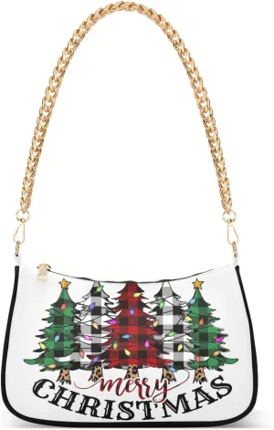 Buffalo Plaid Check Christmas Trees Shoulder Handbags for Women Travel Hobo Tote Handbag Women Gold Chain Shoulder Bags Purse with Zipper Closure