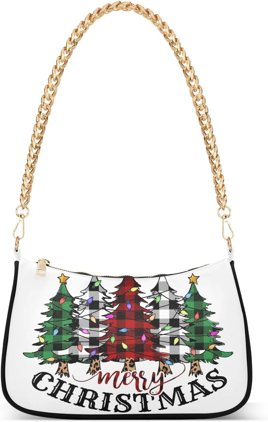 Buffalo Plaid Check Christmas Trees Shoulder Handbags for Women Travel Hobo Tote Handbag Women Gold Chain Shoulder Bags Purse with Zipper Closure