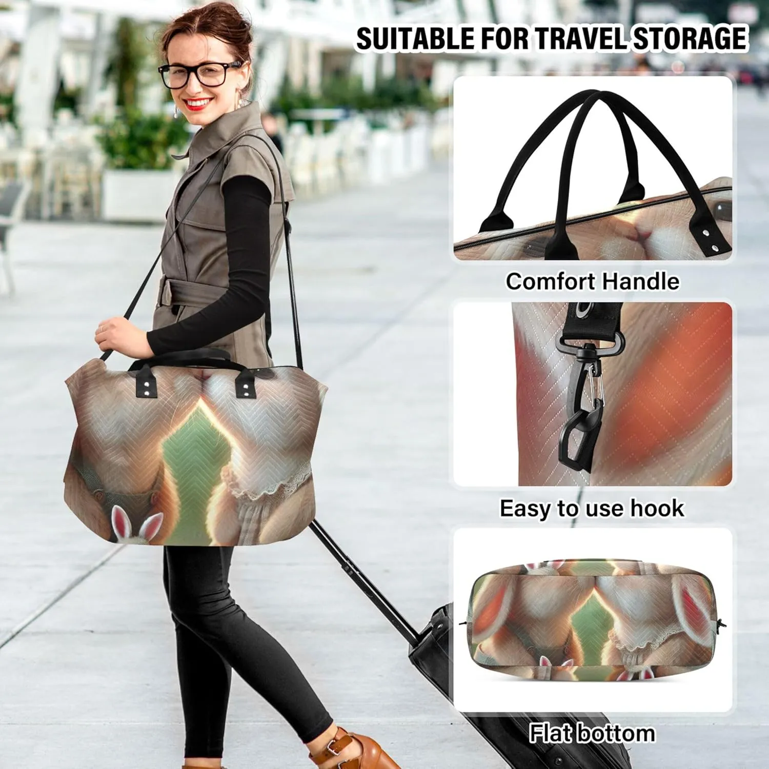 Bunny Kiss Rabbits Travel Duffle Women Makeup Pouch Set of 2, Animal Floral Womens Small Duffle Bag Carry on Duffel Bag